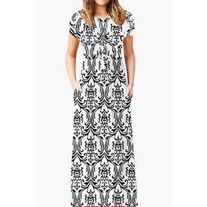 Viishow Womens Short Sleeve Loose Maxi Dress White Black‎ Print Large NWT
